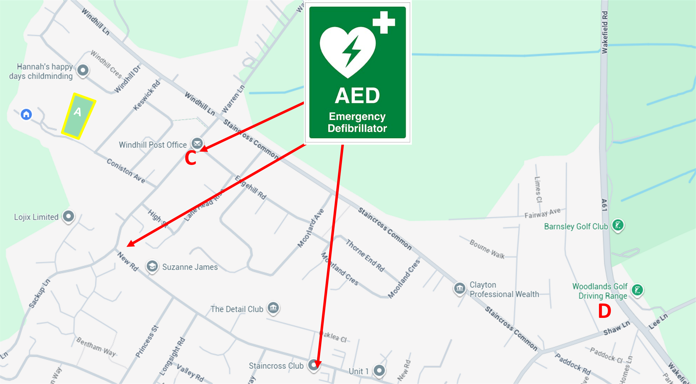 Local map showing points C, D and nearest AED